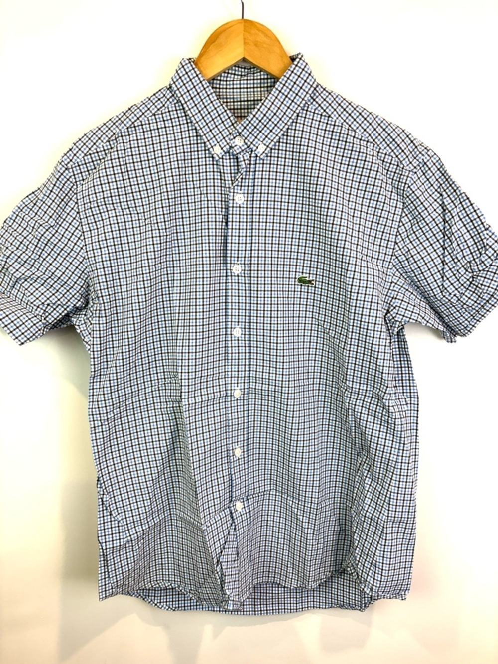 Lacoste Men’s Short-Sleeve Blue and White Check Button-Down Shirt size 42 (US L)